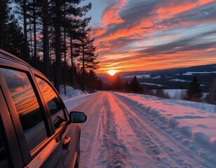A car is driving down a snowy road with a beautiful sunset in the background