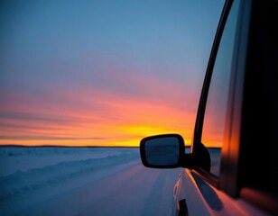 A car is driving down a road with a beautiful sunset in the background