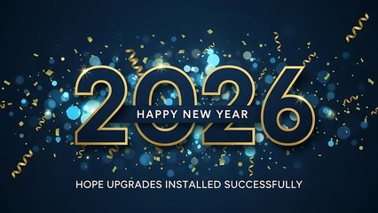  Happy New Year 2026 Hope Upgrades Installed Successfully Tech Pun Greeting, Festive Golden Typography with Floating Confetti and Glowing Blue Orbs, Creative Concept for New Year Resolutions