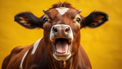 A cow is making a loud noise and has a white spot on its face