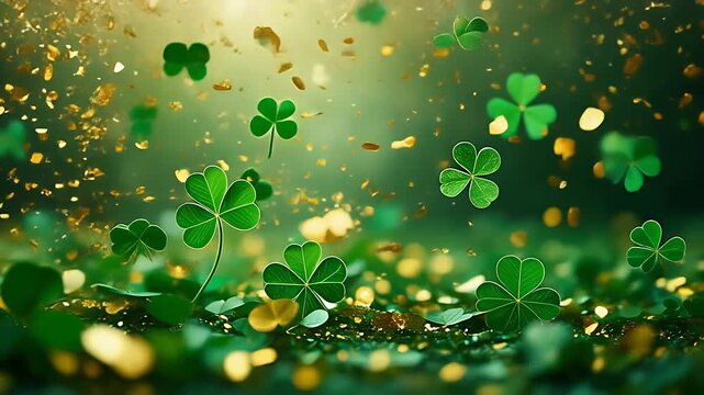 St. Patrick's Day clover confetti with green bokeh