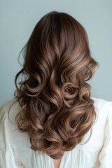 Naklejka premium Woman standing with her back to the camera, showcasing beautiful long brown hair with soft, loose curls cascading over shoulders