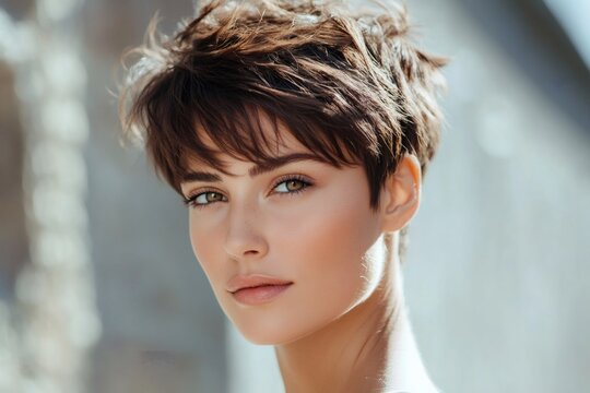 Woman with short brown hair and mesmerizing eyes, showcasing a modern pixie haircut with textured layers and sunlit skin