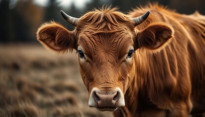 A cow with horns is standing in a field