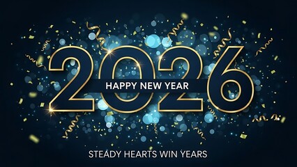 Happy New Year 2026: Elegant collection of dark blue and gold graphic designs, featuring confetti, festive bokeh lights, and inspiring motivational messages for a brighter, intentional year ahead.