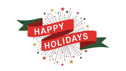 Happy Holidays Festive Red Ribbon Banner with Fireworks Explosion Vector Illustration