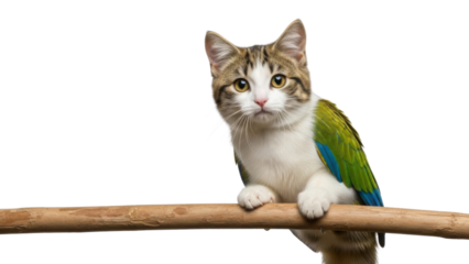 Hybrid tabby kitten with colorful parrot wings sitting on a wooden branch isolated PNG with Transparent Background
