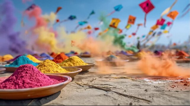 Colorful Holi powder in clay bowls with flying kites and colored smoke background celebrating Indian Festival of Colors
