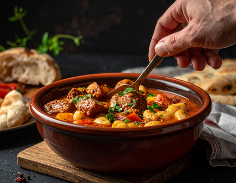 A close-up of a hand stirring a thick bowl of Kisra bread served with savory stew.