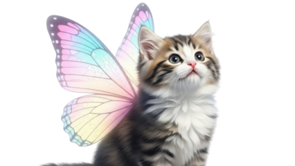 Cute Tabby Kitten with Large Colorful Pastel Gradient Butterfly Wings isolated PNG with Transparent Background