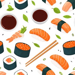 Cartoonish sushi & sashimi pattern on white background