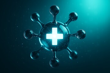 3D visualization of a virus cell with glowing protein spikes on a dark blue background.