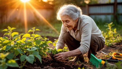 A woman is planting a seedling in a garden