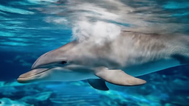 Graceful dolphin gliding through sunlit blue water, smooth contours and shimmering light and waves!