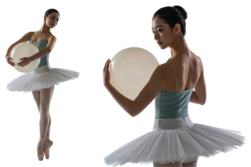 Elegant Ballerina Posing with Balloon in Studio on White