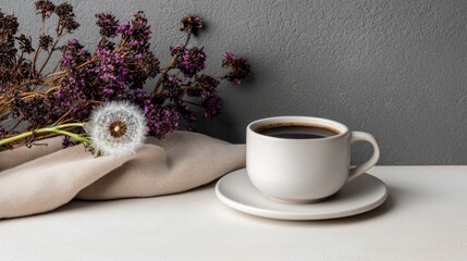 A white cup of coffee on a saucer sits on a white table. A dandelion and dried purple flowers rest near
