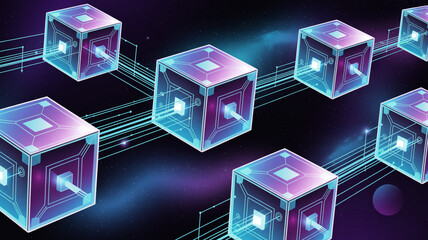 Network of Glowing Geometric Cubes Connected by Lines in a Cosmic Space image photo