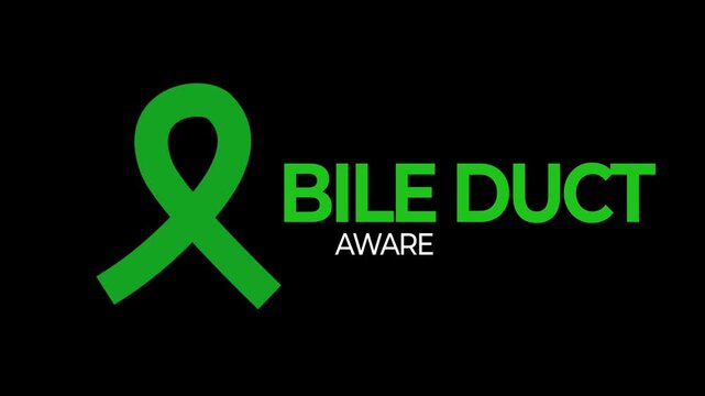 Gallbladder and Bile Duct Cancer Awareness Month text lettering typography with animated kelly green satin glossy ribbon reveal animation, support fighting cancer sign symbol icon on black background
