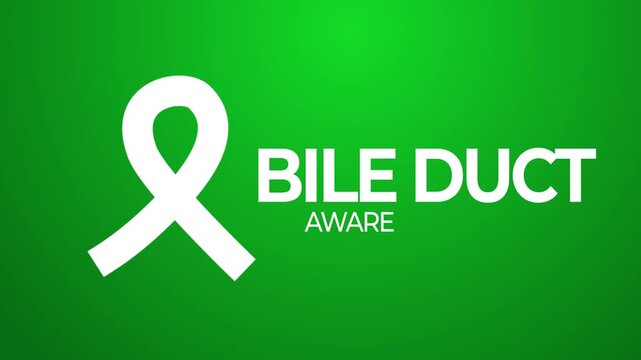 Gallbladder and Bile Duct Cancer Awareness Month text lettering typography with animated white satin glossy ribbon reveal animation, support fighting cancer sign symbol icon on kelly green background
