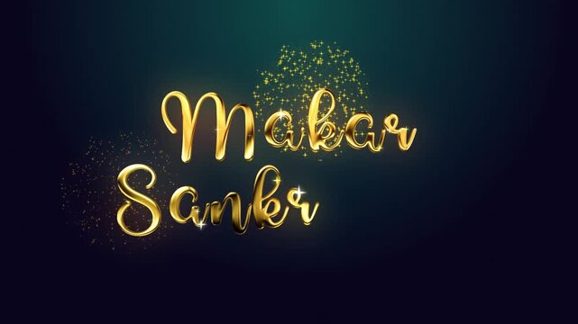 Makar Sankranti golden glossy Luxury Text Golden Sparks shiny Fireworks Celebrations sparkles particles Animation, lettering handwritten calligraphy isolated celebration seaonal greeting blue backdrop