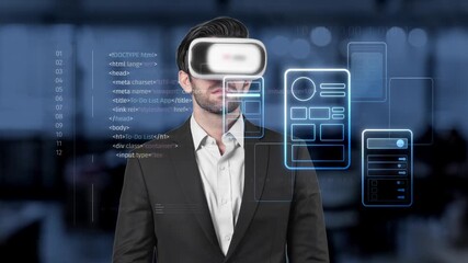 A businessman in a virtual reality headset engages with digital data in a modern workspace, representing innovation and the future of technology-driven business solutions. Raster - Powered by Adobe