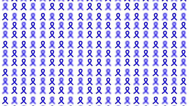 seamless pattern with dark blue colorectal cancer awareness month glossy satin ribbon sign symbol geometric motif background, animated ribbon bow random blurred popup video motion graphics white bg