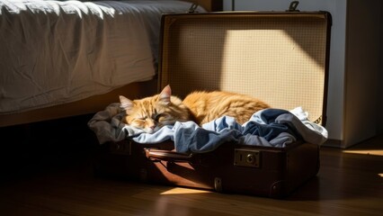 Ginger cat sleeping inside open suitcase filled with clothes, on wooden floor near bed. 