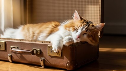 Ginger cat sleeping inside open suitcase