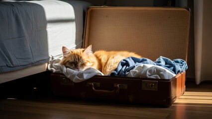 Ginger cat sleeping inside open suitcase filled with clothes, on wooden floor near bed. 