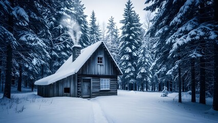 Whispers of Warmth in a Snowy Forest: A Rustic Cabin Beneath Frosted Pines and a Smoking Chimney Illuminating the Quiet Solitude and Cozy Beauty of Winter&rsquo;s Embrace