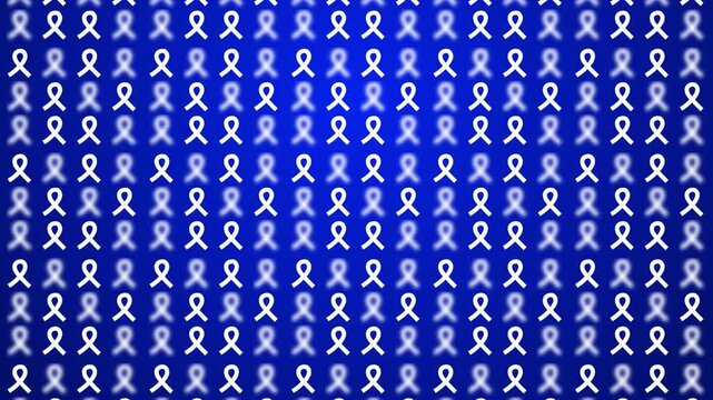 seamless pattern with white colorectal cancer awareness month glossy satin ribbon sign symbol geometric motif background, animated ribbon bow random blurred popup video motion graphics dark blue bg