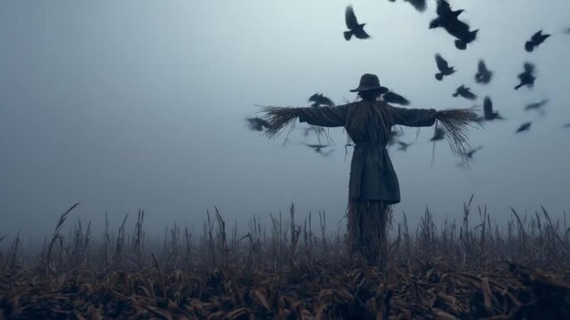 Silhouette scarecrow with outstretched arms amid a desolate field under flocking ravens at duskfall