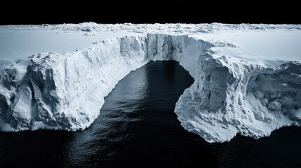 A dramatic ice formation arches over dark water, revealing an expansive icy plain under a dark sky. The scene is cold and vast