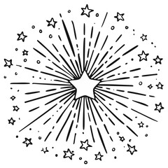 Obraz premium Doodle Star Explosion Hand Drawn Burst and Stars Border Festive Black and White