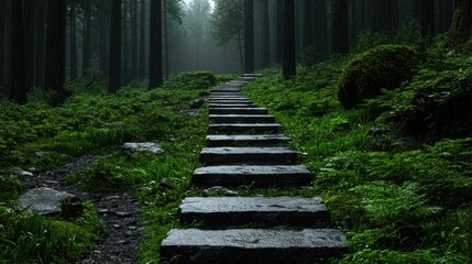 Stone steps ascend through a dense, emerald forest shrouded in mist, creating a path towards the distant light