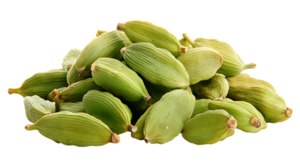 Pile of green cardamom pods isolated on transparent background, a fragrant spice