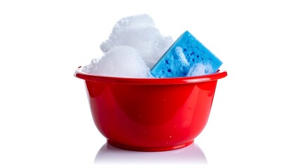 A red bowl full of foamy soap suds with a blue sponge