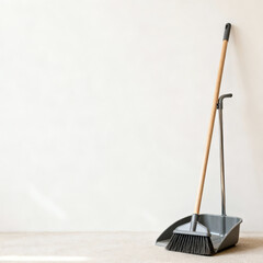 Broom and Dustpan with Copy Space on Clean Minimal Background