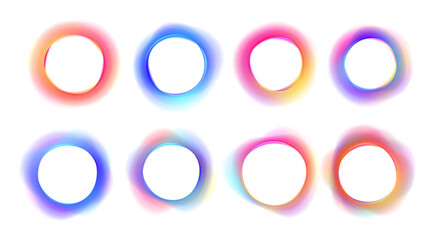 Set of neon circles PNG with gradient highlights. Bright glowing rings with soft luminous edges. Futuristic abstract round shapes.