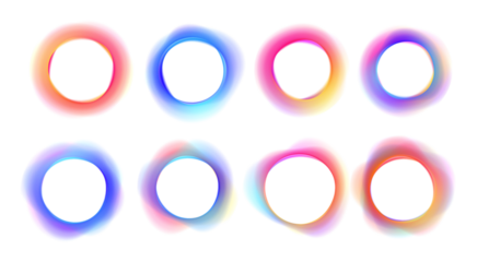 Set of neon circles PNG with gradient highlights. Bright glowing rings with soft luminous edges. Futuristic abstract round shapes.