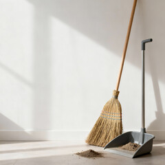 Broom and dustpan with small amount of dust, placed in corner leaving large copy space, home cleaning concept, clean minimalist background