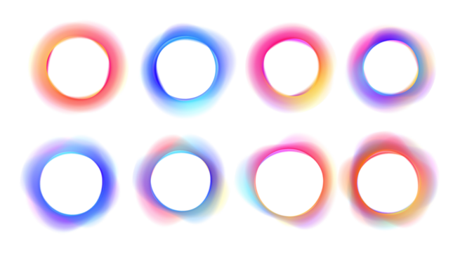 Set of neon circles PNG with gradient highlights. Bright glowing rings with soft luminous edges. Futuristic abstract round shapes. - Powered by Adobe