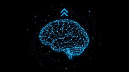 Glowing blue brain with geometric network and upward arrows on black background