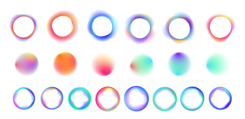 Set of bright neon circle PNG with gradient aura. Smooth glowing ring with luminous edges. Futuristic abstract round light.