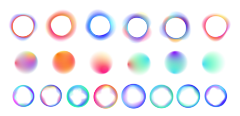 Set of bright neon circle PNG with gradient aura. Smooth glowing ring with luminous edges. Futuristic abstract round light.