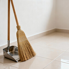 Broom and Dustpan with Copy Space on Clean Minimal Background