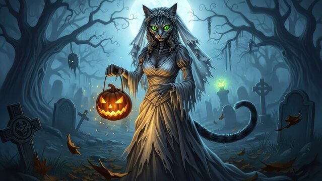 Cat bride in graveyard with pumpkin lantern