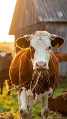 Cow grazing on grass near an old barn in sunset light