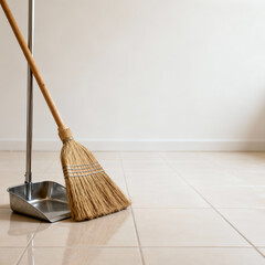 Broom and Dustpan with Copy Space on Clean Minimal Background