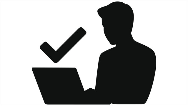 E-Learning Student Online Exam Vector Icon. Digital Quiz Completion on Laptop with Checkmark. Remote Study, Virtual Test, Passed Assessment, Education Success.
